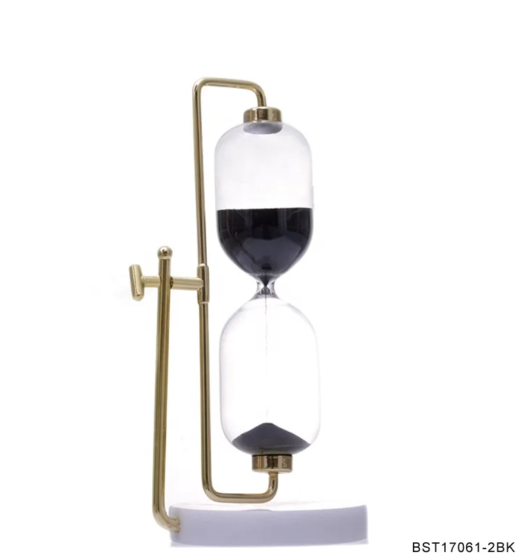 
High quality metal rotating sand clock with marble base modern office desktop decorations black sand hourglass sand timer 