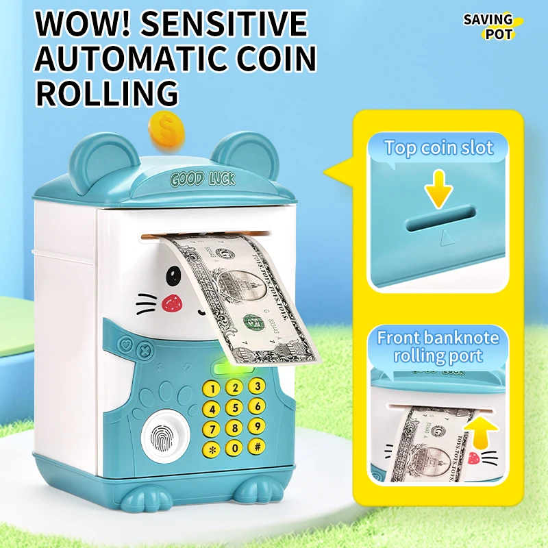 Cute Piggy Bank Toy Electronic Mini ATM Savings Machine with Personal Password & Fingerprint Unlocking Simulation