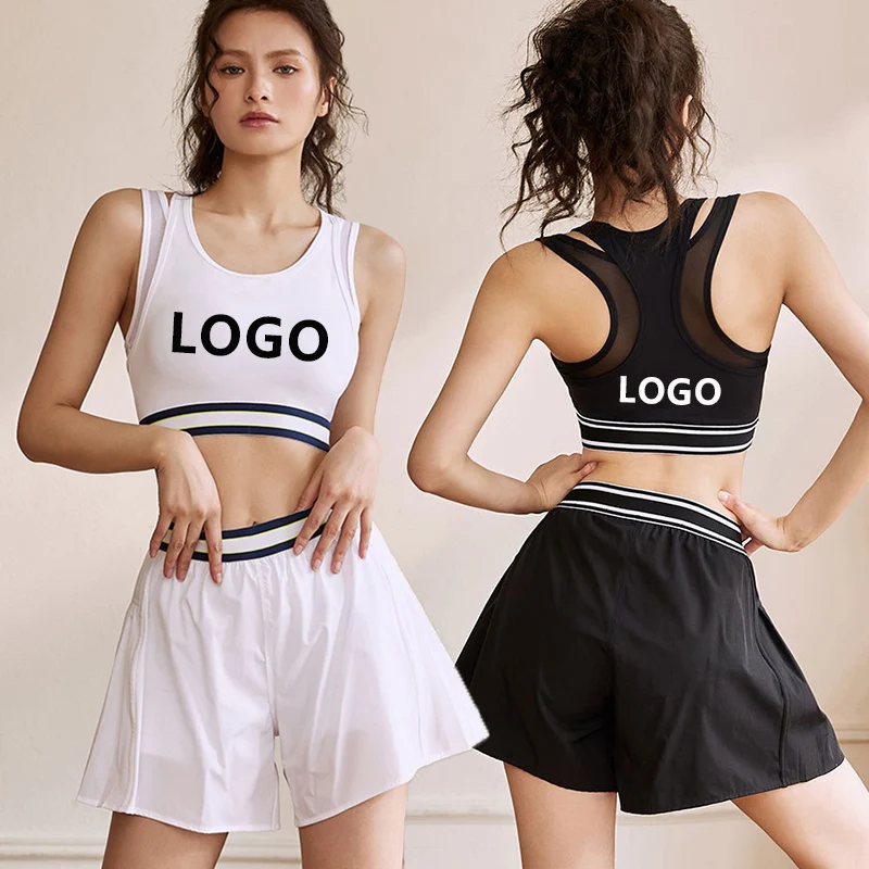 Customizable logo printed blank tennis sports set shock-proof bra and quick-drying shorts two-piece fitness training suit