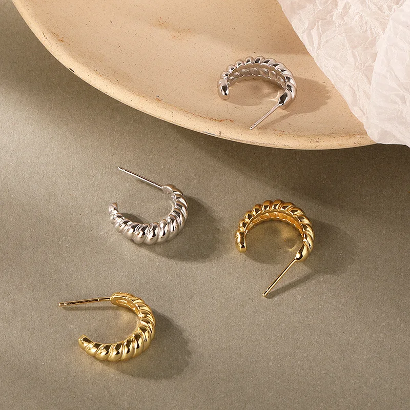 Fashion gold plated 925 sterling silver twisted croissant C shaped hoop earrings for women
