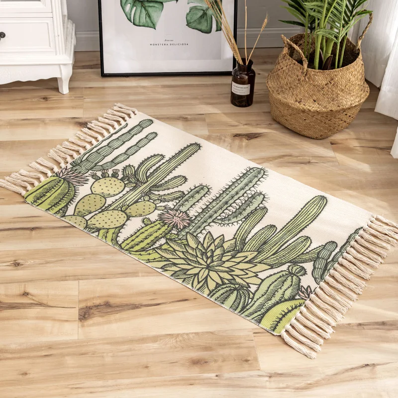 60*90cm Boho Geometric Plant Flower Animal Printed Rug Decorative Cotton Rope Hand Woven Floor Mat with Tassels