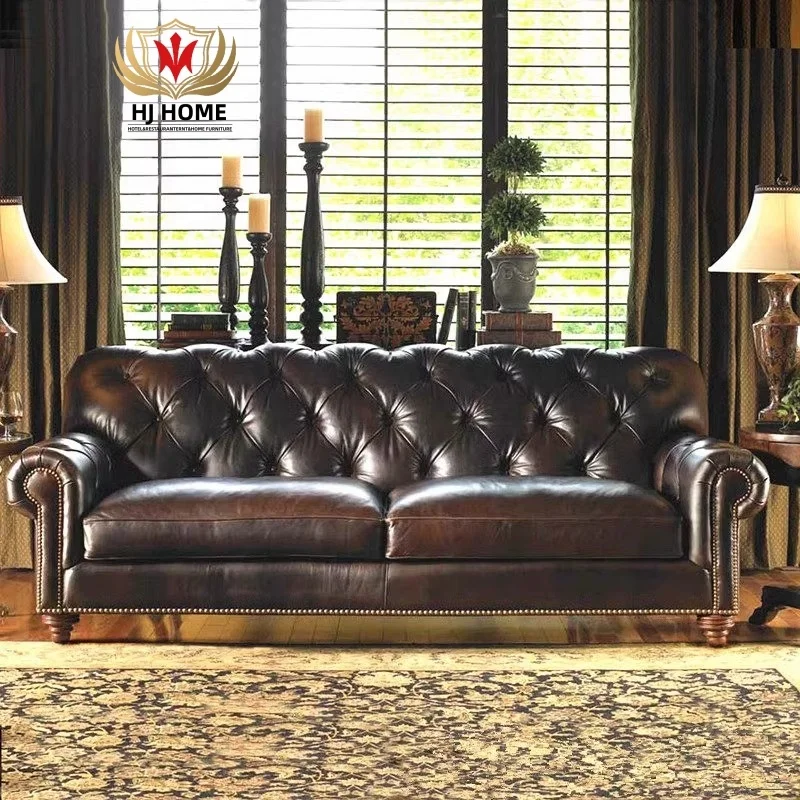 HJ HOME Tufted Deep Button Sofa Set Classic Retro Couch Vintage Grain Leather Upholstered Chesterfield 321 Seat Sofa Set