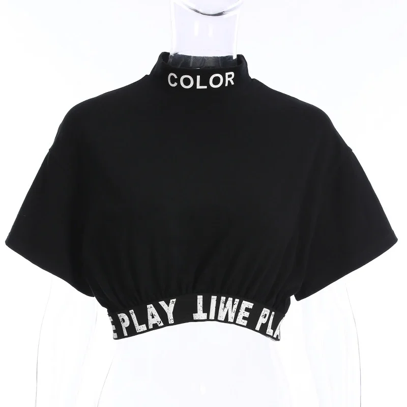Wholesale Women Top Custom Ladies High Neck Shirts Women Casual Black Crop Tops