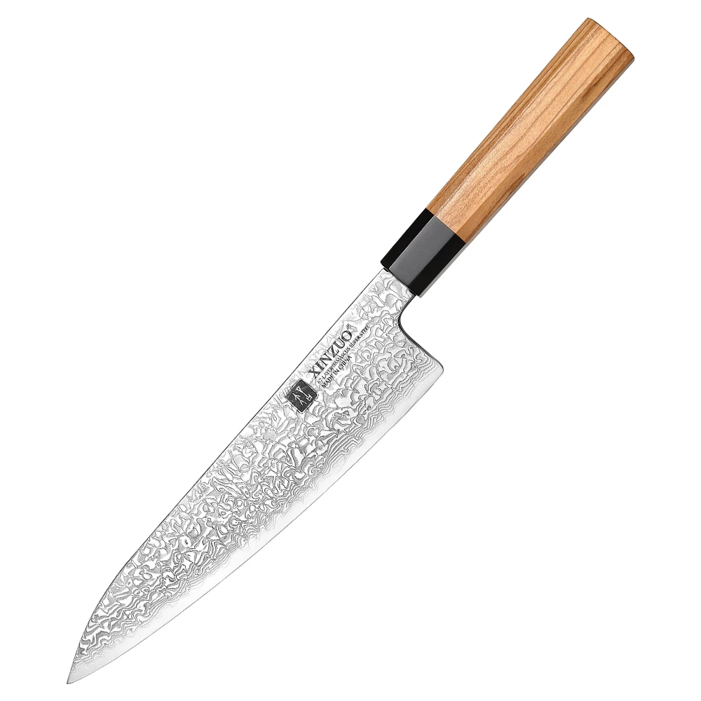 XINZUO New Custom Damascus Steel Chef Knife with Japanese Octagonal Olive Wood Buffalo Horn Handle Kitchen Knives