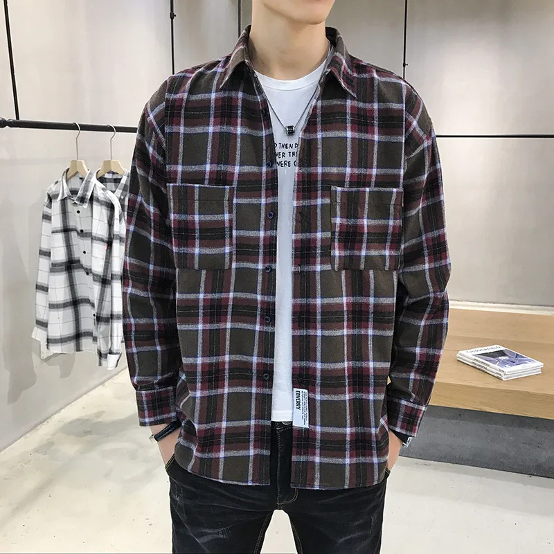 
Wholesale Fashion Checked Plaid Shirts Cotton Loose Plaid Shirts Men 
