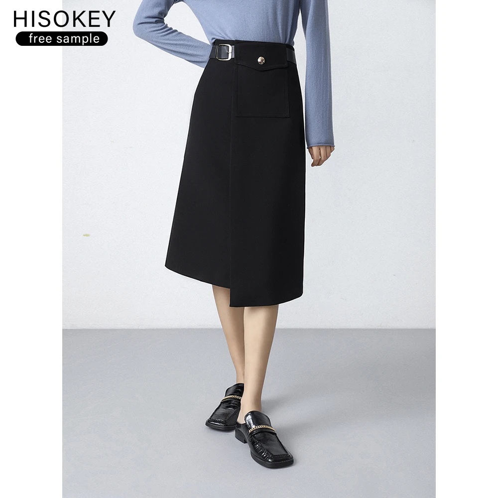 HISOKEY asymmetric design half skirt commuter women clothing Solid high waist mature long skirt