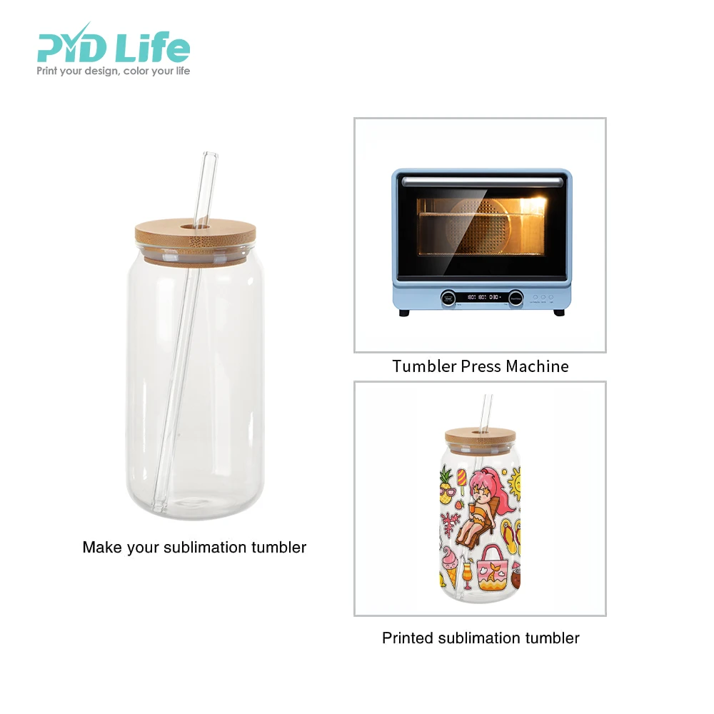PYD Life 2022 18oz 550ml Custom Glass Sublimation Beer Soda Can Clear Glass Can Tumbler Cups with Bamboo Lid and Glass Straw