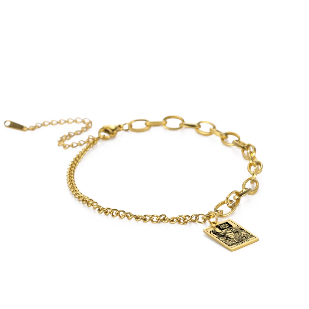 Fashion Stainless Steel Tarot Cards Square Charm Bracelet Gold Plated Good Luck Amulet Jewelry for Men