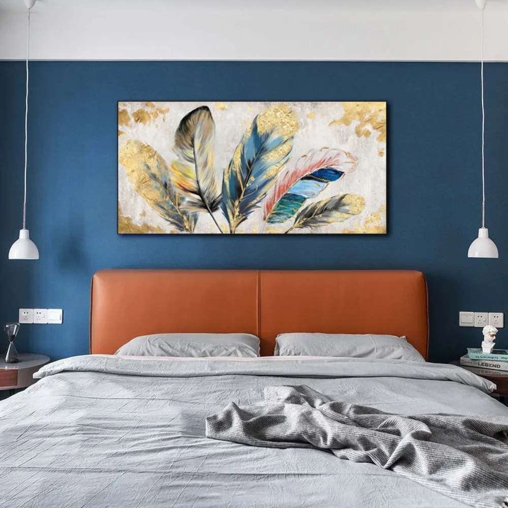 100% Real Hand Painted Animal Feather Oil Painting on Canvas, Abstract Colorful Feather Canvas Wall Art for Living Room Bedroom