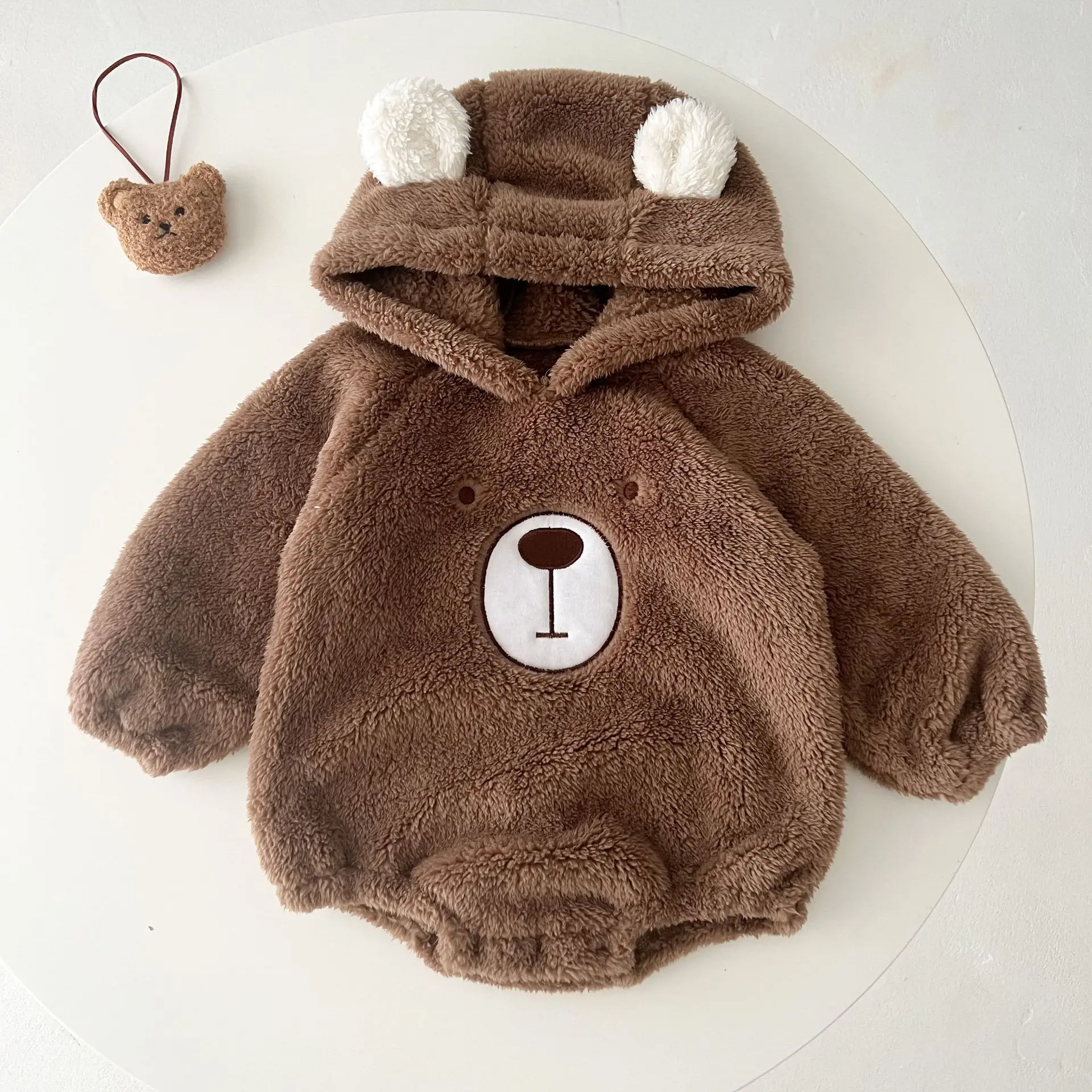 Ins Autumn Winter Newborn Toddler Girl Bear Long Sleeve Thick Fleece Hooded Romper Outfits Baby Bodysuit