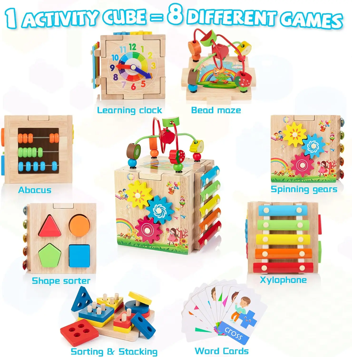 8-in-1 Montessori Toys Boys & Girls Educational Learning Toys Wooden Activity Cube For Toddlers First Birthday Gift