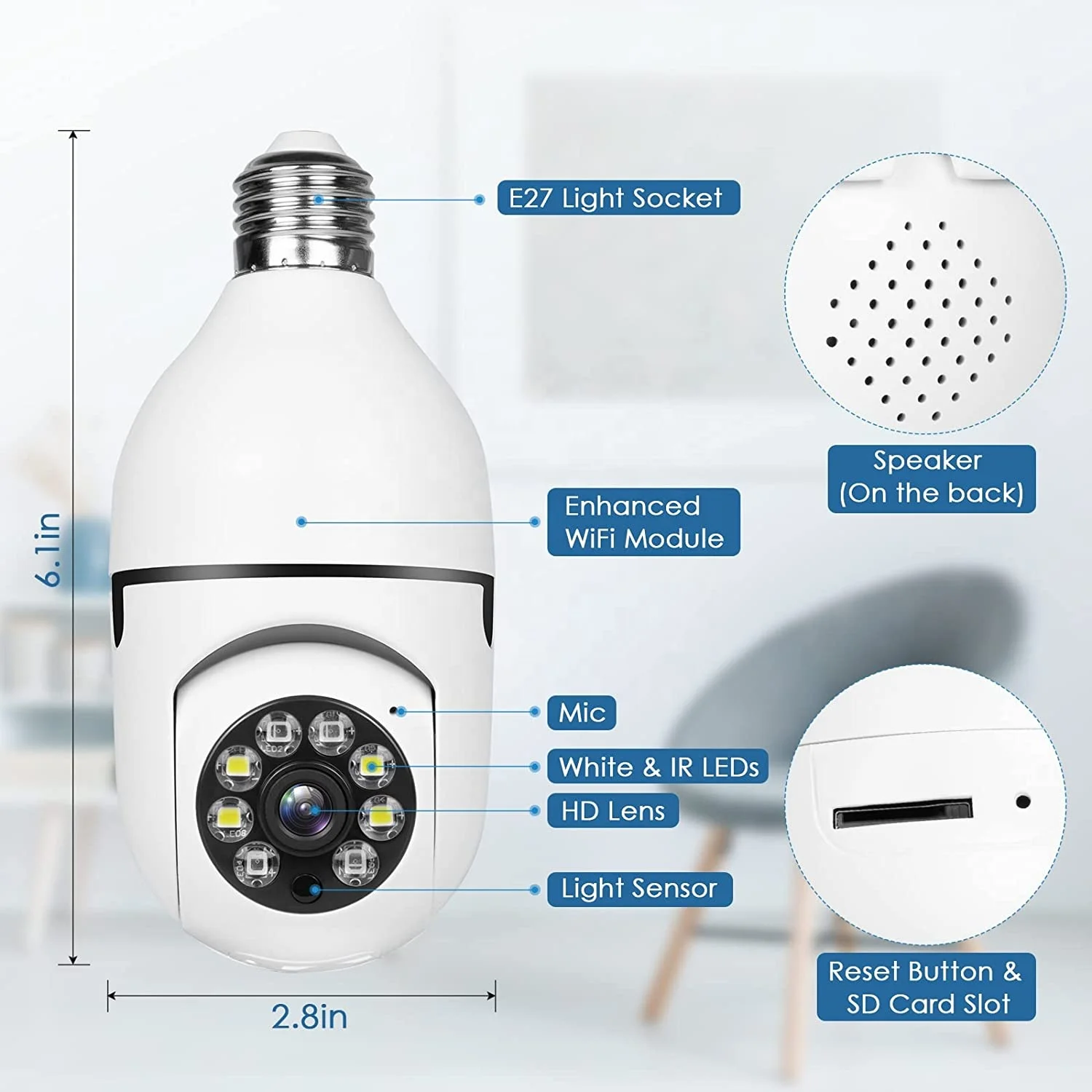 Light Bulb Camera Security Camera for Home Surveillance Spotlight E27 360 Degree Panoramic Wireless 1080P Security Home IP