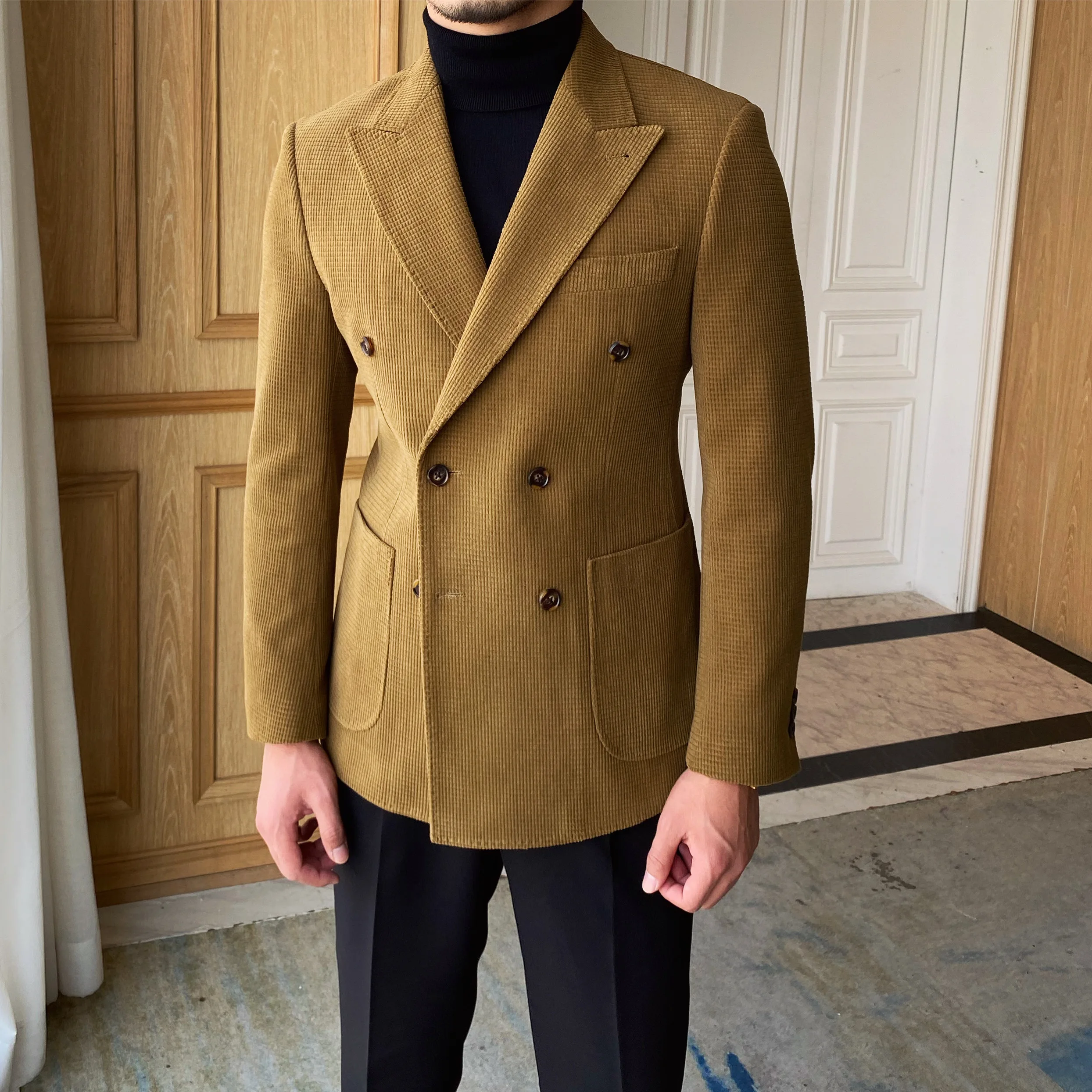 Autumn and winter Slim double-breasted suit jacket luxury corduroy leisure suit