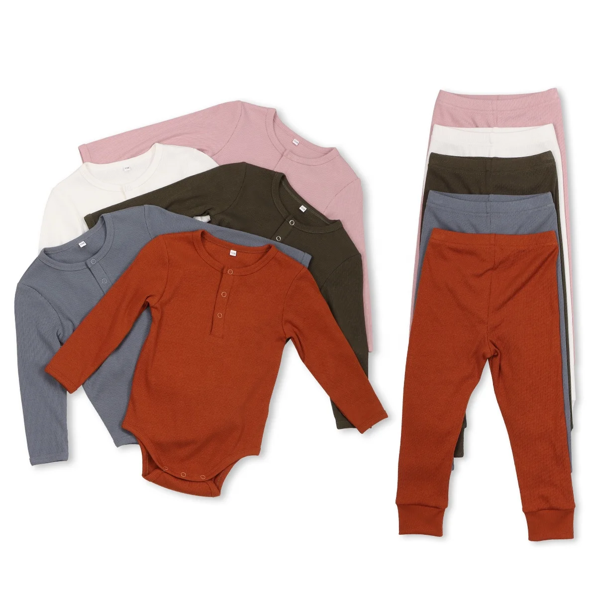 Petelulu Newborn Ribbed Bamboo Fiber Baby Bodysuit Set Long Sleeve Baby Clothing Sets With Crew Neck Snap Button Baby Romper