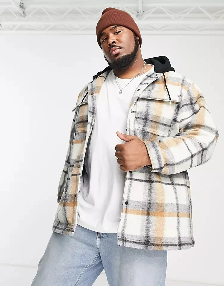 OEM custom button open oversized woolen Irregular plaid with black hood fashion winter jacke