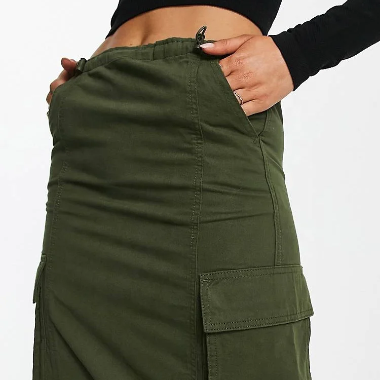 Custom Casual Green Women Midi Long Cargo Skirt With Pockets