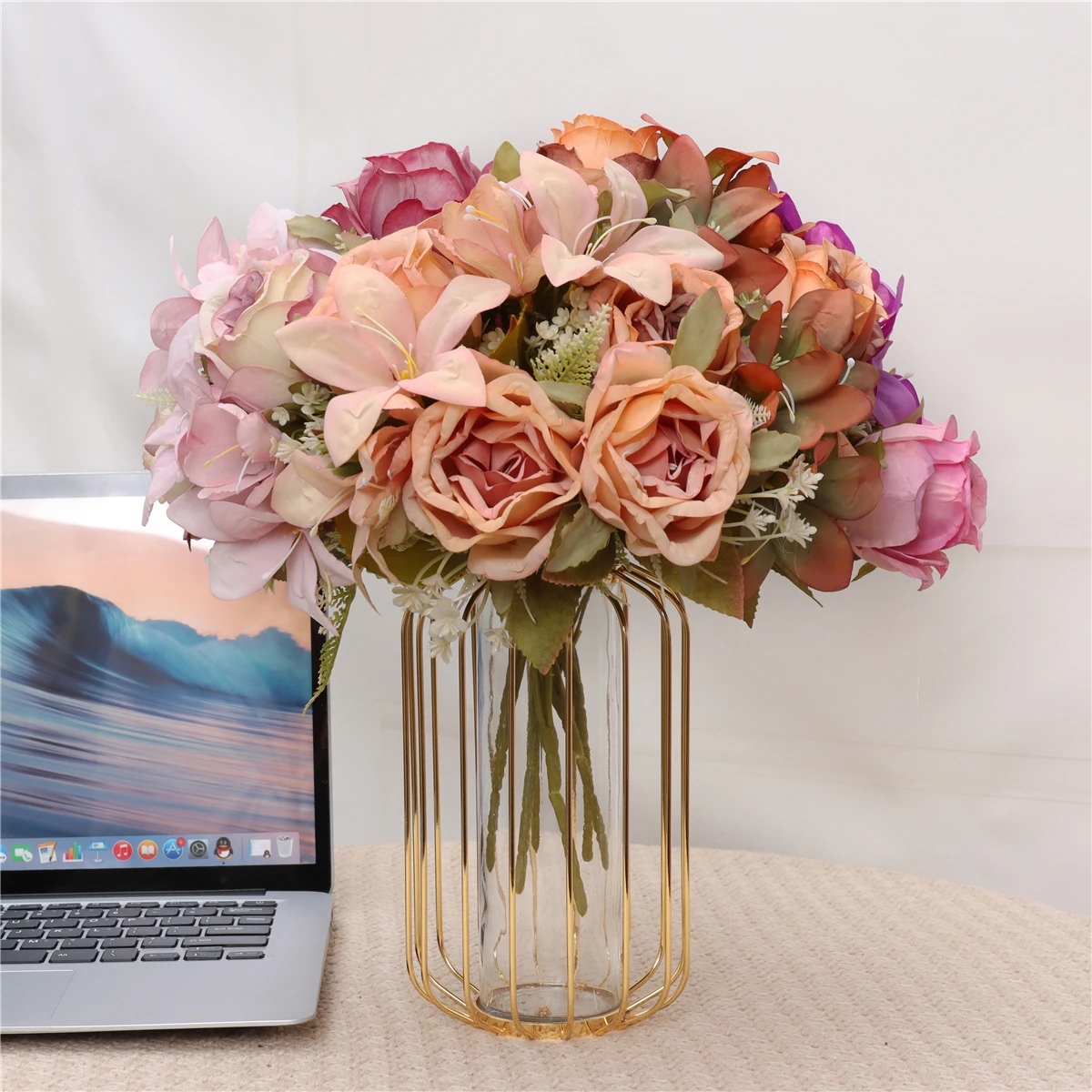 Cheap High Simulation Artificial Flowers Rose Lily Bouquet Artificial Flower Tabletop Wedding Decoration