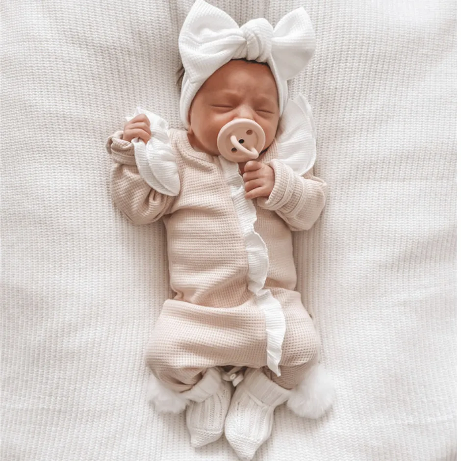 95%cotton 5%spandex waffle newborn baby romper jumpsuit baby clothes for spring autumn with matching bow