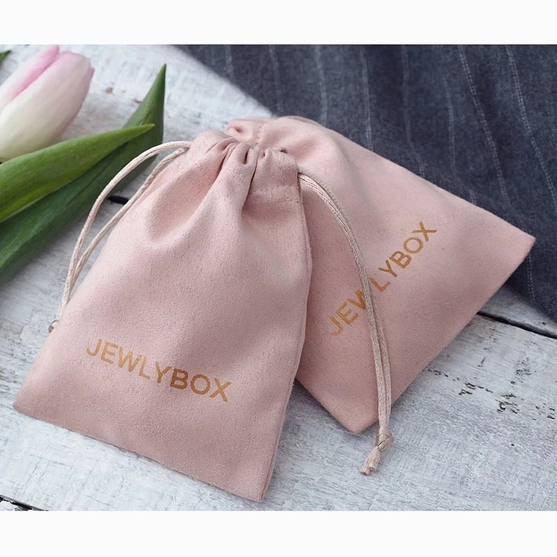 Personalized Logo Print Drawstring Bags Custom Jewelry Packaging Pouches Chic Wedding Favor Bags Pink Flannel Cosmetic Bags