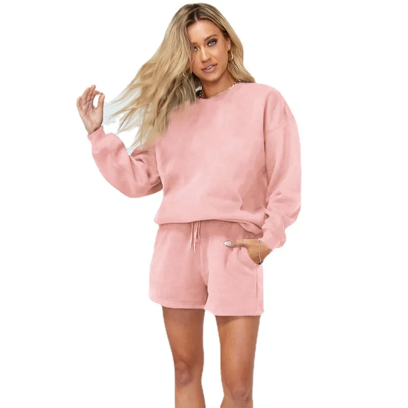 Customized fashionable premium quality ladies sweatshirts shorts sets