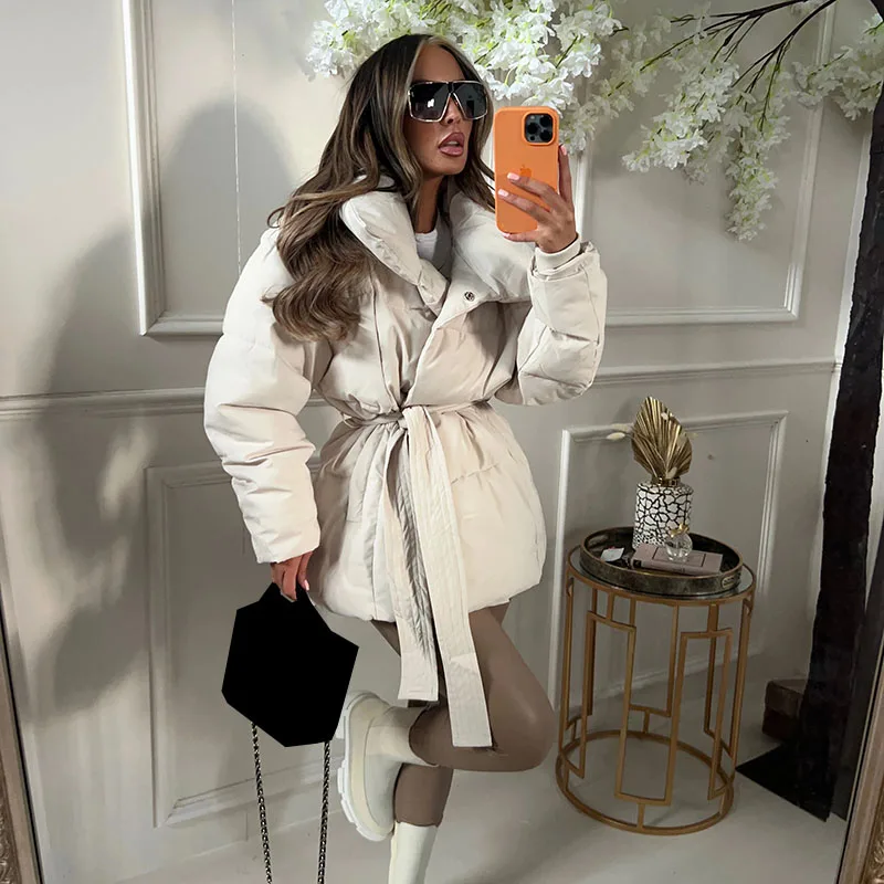 Winter Stand Collar Parkas Women Fashion Tie Waist Short Coats Women Elegant New Solid Puffer Jackets Female Ladies