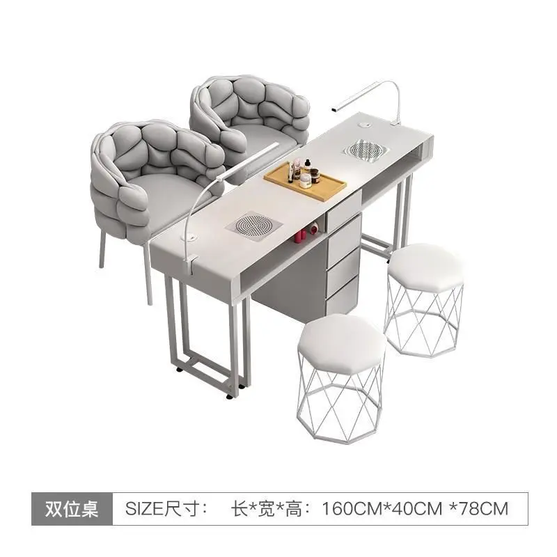 Hochey Factory Custom MarbleTop Nail Light Luxury Pink Double Nail Desk Pink Nail Care Desk Pedicure Manicure Chair