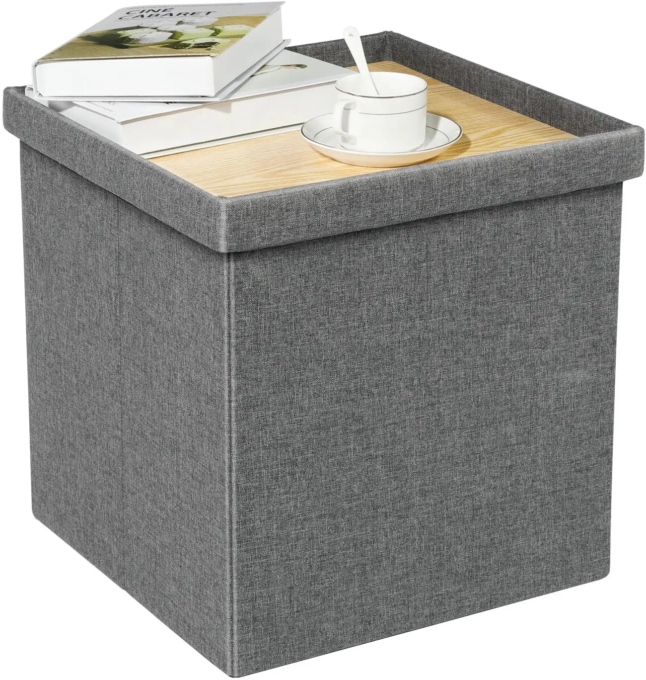 
Small Cube Folding Linen Coffee Table Foot Stool Footrest Seat Storage Ottoman with Tray 