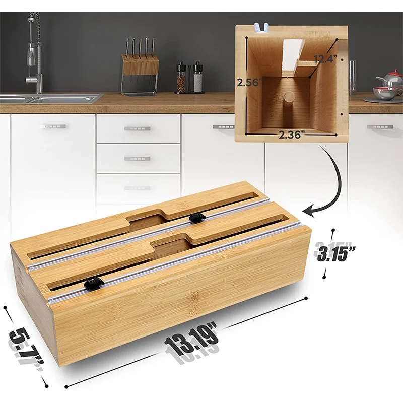 2 in 1 Kitchen Bamboo Wood Tin Foil Wax Paper Roll Plastic Cling Wrap Paper Aluminum Tin Foil Cutter Dispenser