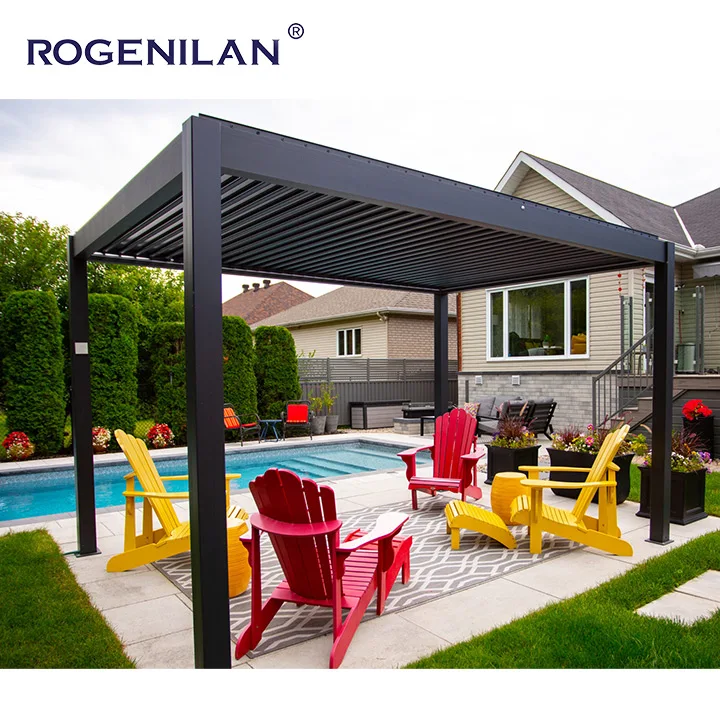 Outdoor Waterproof Shade Electric Bioclimatic Aluminum Pergola with Retractable Shutters Roof Solar Panels