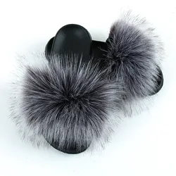Ladies fur slippers slides/custom faux furry slides slippers/wholesale faux fox fur slides