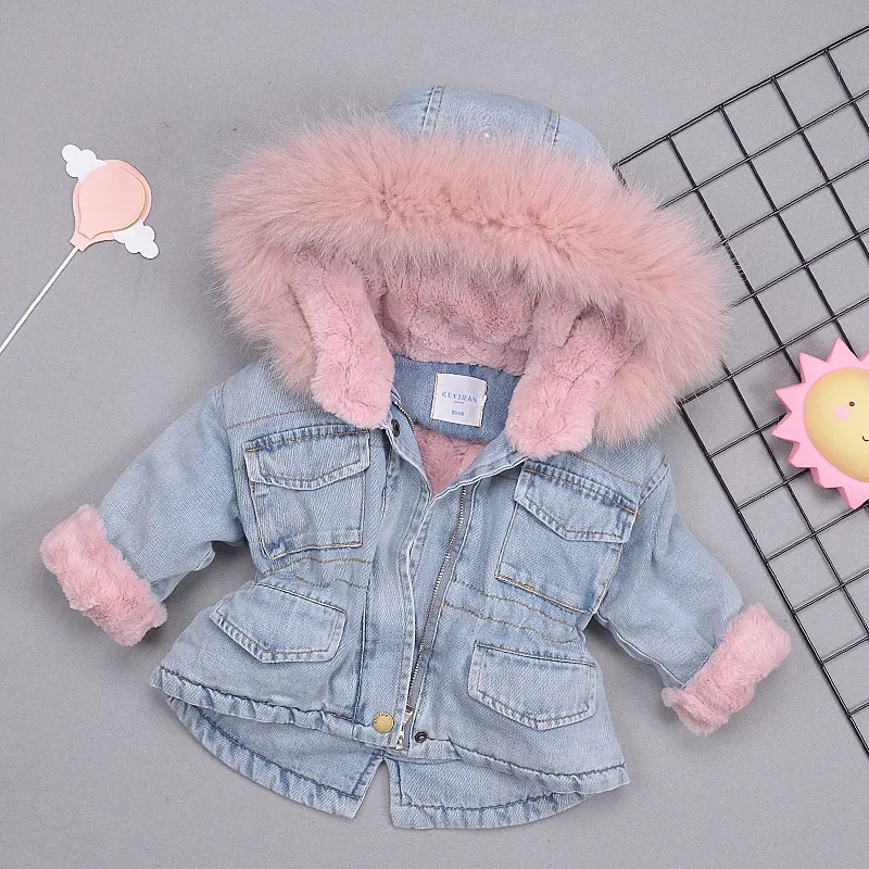 
Toddler Girl Denim Jacket Hooded Faux Fur Thick Jean Jacket Fashion Winter Warm 