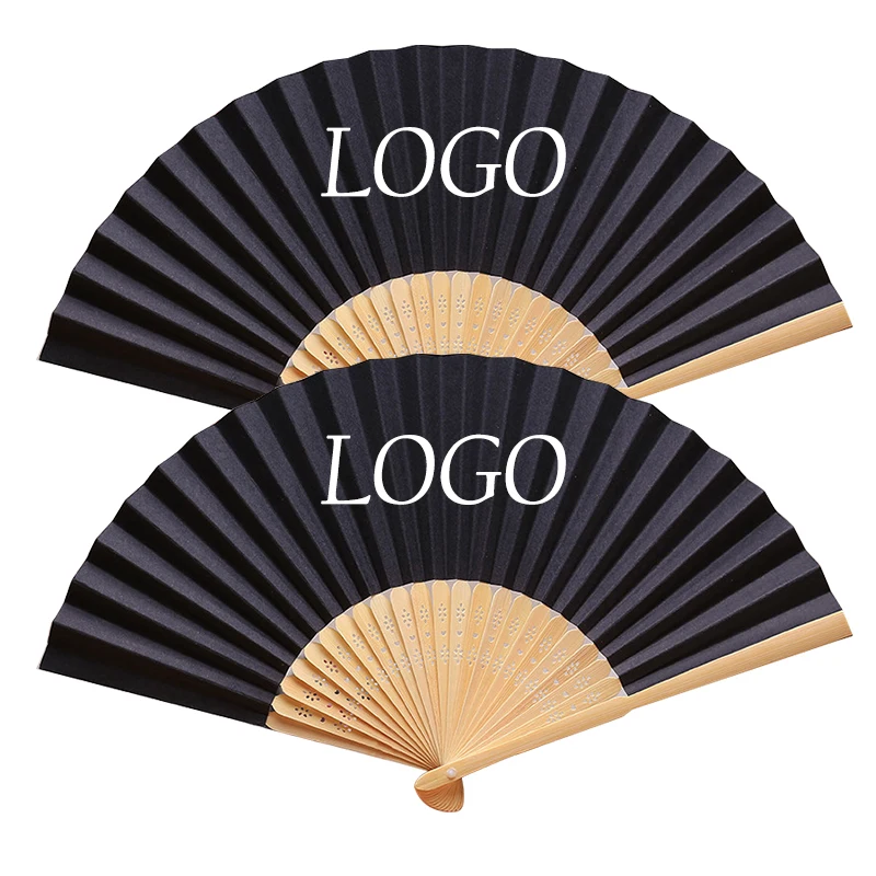 Customized Logo Wedding Hand Fan 33cm Folding Bamboo with Painted Decoration Carved and Organza Wedding Gift Bag DIY Item