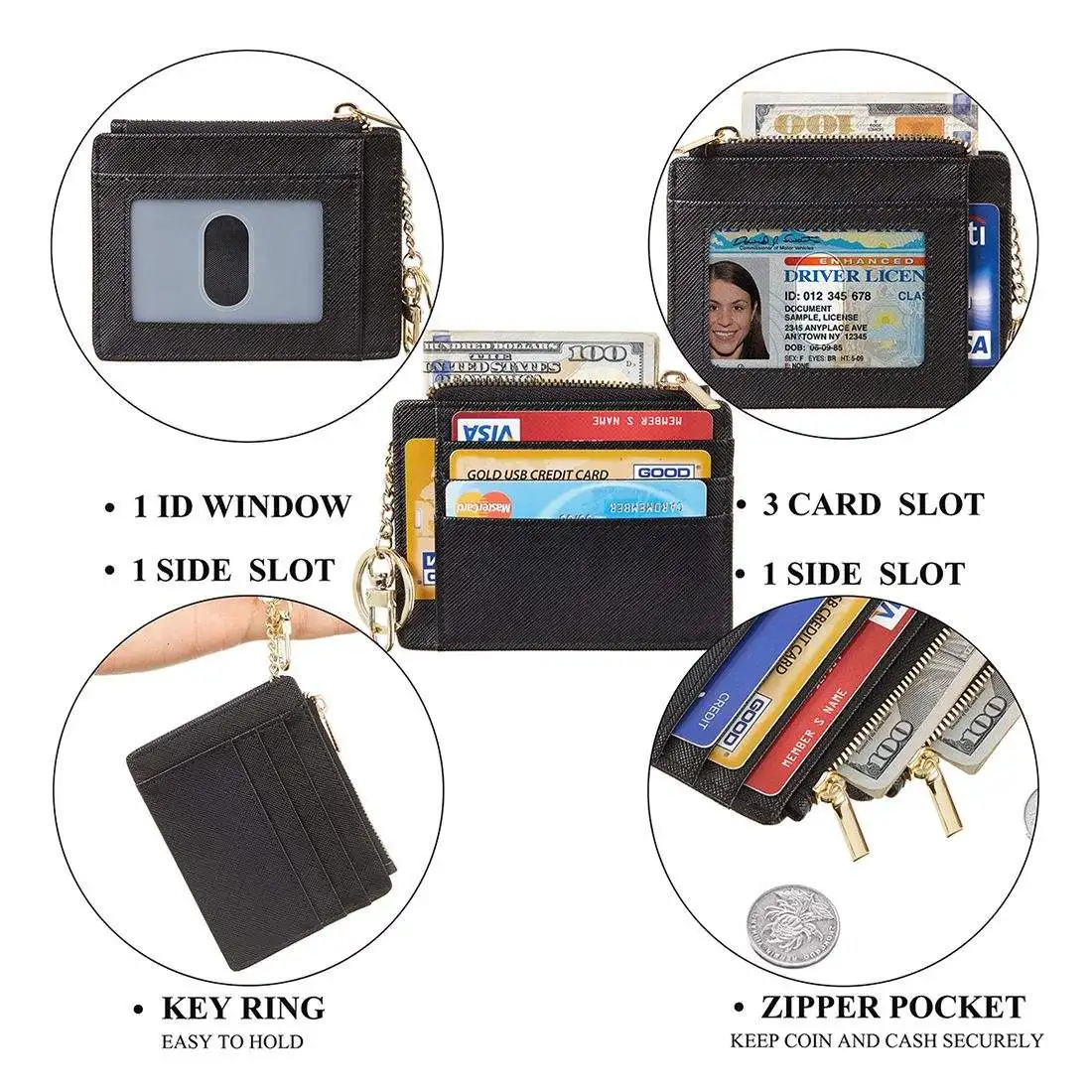 Free Sample Ladies Colorful Slim Custom Black Leather Keychain Card Holder Rfid Blocking With ID Window