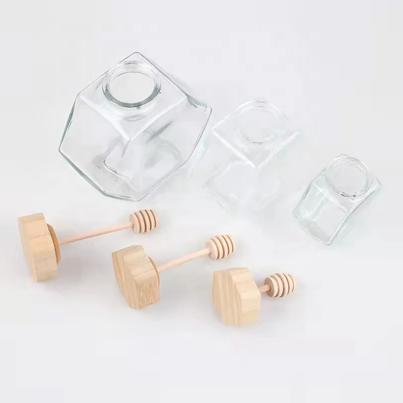  Unique Design hexagonal glass bottle for honey 50ml 100ml 220ml 280ml 370ml 760ml luxury jar with wooden