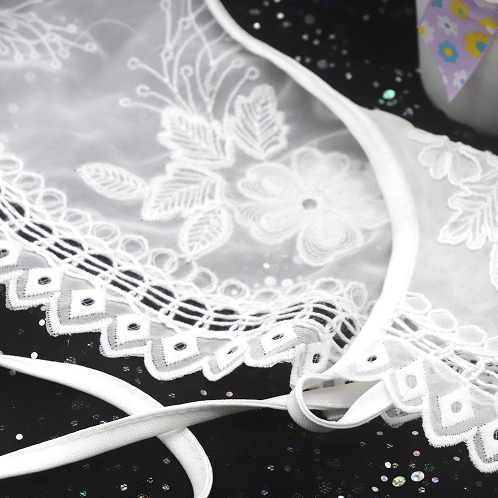 Front Tie White O-Neck Detachable Embroidery Flower White Organza Women Female Fake Collar For Dress Garment Accessories
