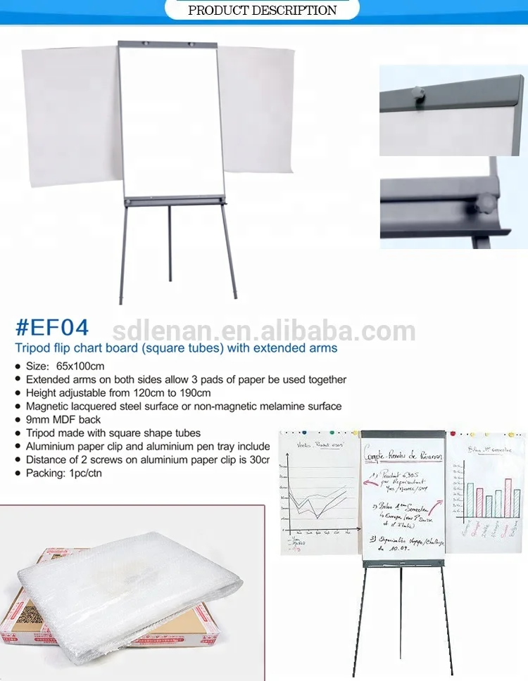  New design magnetic writing white board mobile flipchart easel tripod flip chart stand with extended