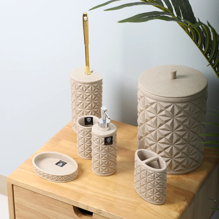 
Graceful pattern embossed hotel decorative moden toothbrush holder 6 pieces ceramic luxury bathroom set 