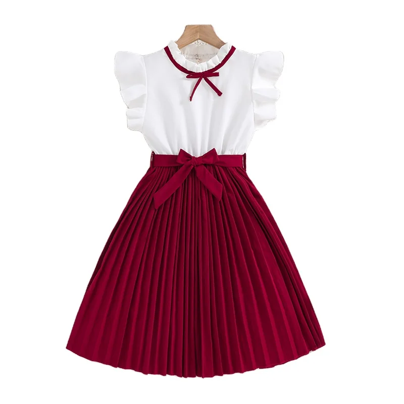 Hot selling 2024 Spring and Summer Girls Dresses 8-12 Years Old New Flying Sleeve Princess Dress Casual Solid Color Dress