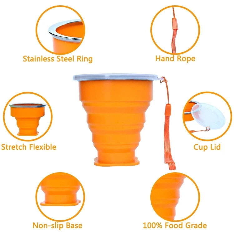 Portable Silicone Collapsible Travel Cup Silicone Folding Camping Cup with Lids