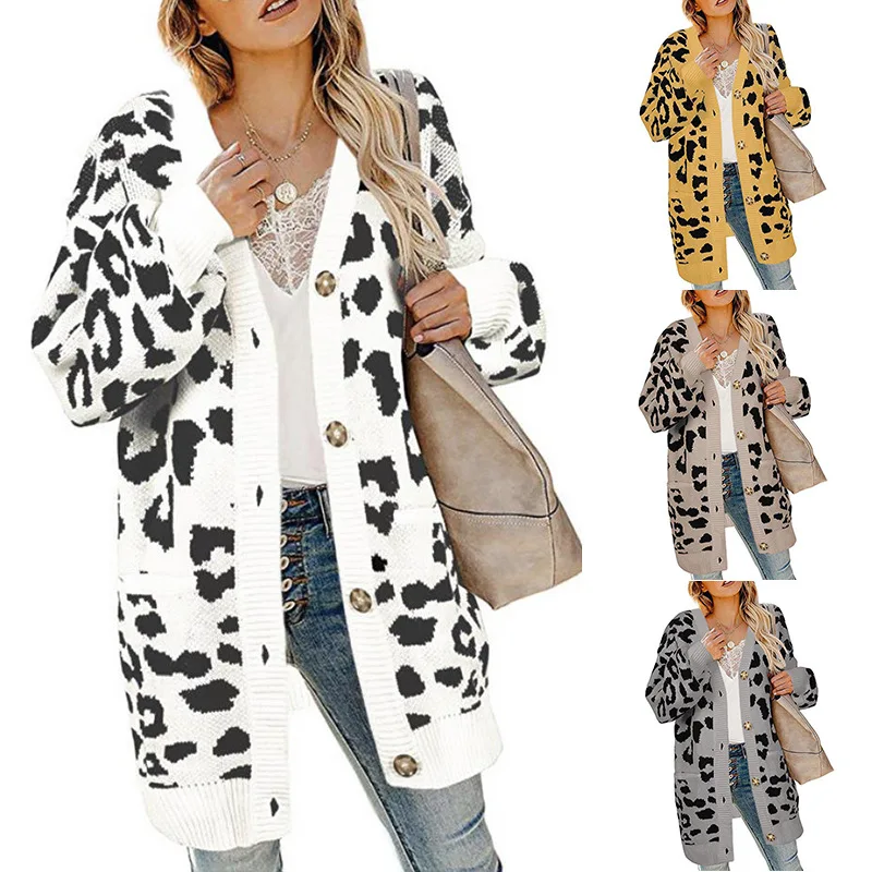 Fashion Leopard Lantern Sleeve Women Long Cardigan Sweater Fall Winter Knitted Casual Single Breasted Women Cardigan Sweater