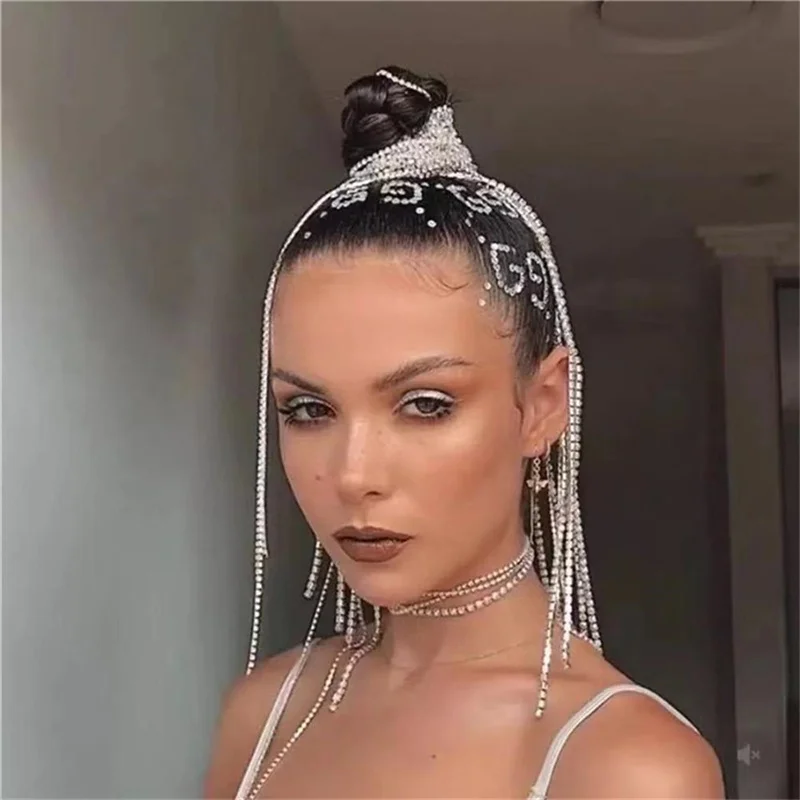 100cm Trendy Braid Hair Chain Y2K Tiara Accessories Hip Hop Shiny Rhinestone Hair Accessories For Dreadlocks