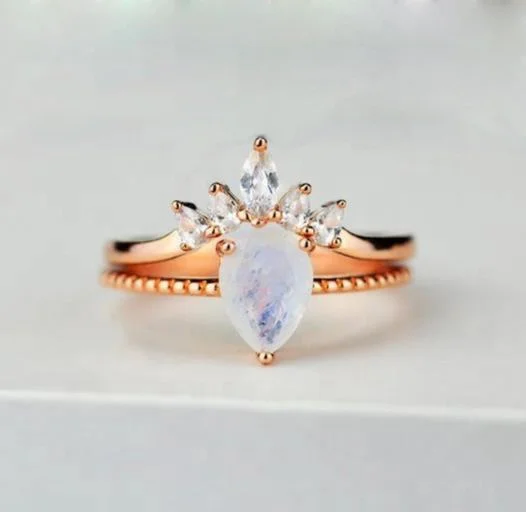 Rose Gold Plated Dainty Zirconia CZ Pear Cut Moonstone Engagement Band Ring Set 925 Sterling Silver Natural Moonstone Ring Set