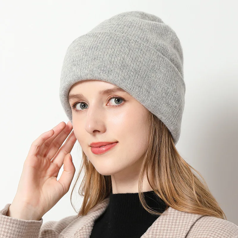 Custom Logo Warm Cycling Wool Knit Woolen Hat Double Layer Cashmere Beanie For Lady