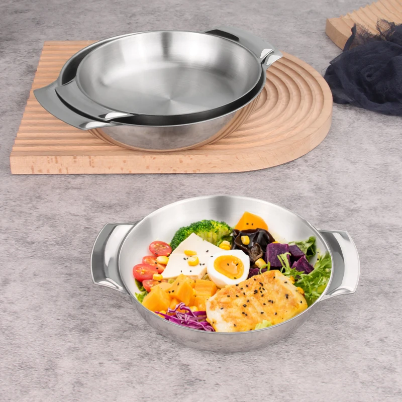 Hot Selling Stainless Steel Plate Seafood Metal Serving Tray Round Plate Metal Decorative Tray Plate With Double Ear