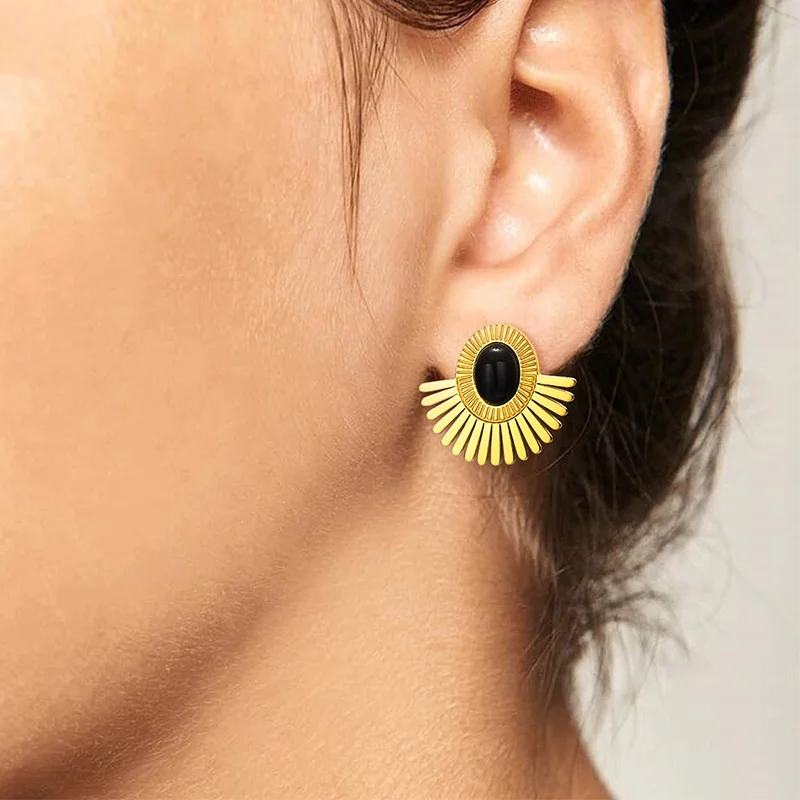 Wholesale Vintage Natural Stone Stainless Steel Statement 18K Gold Black Agate Sun Flower Onyx Drop Studs Earrings for Women