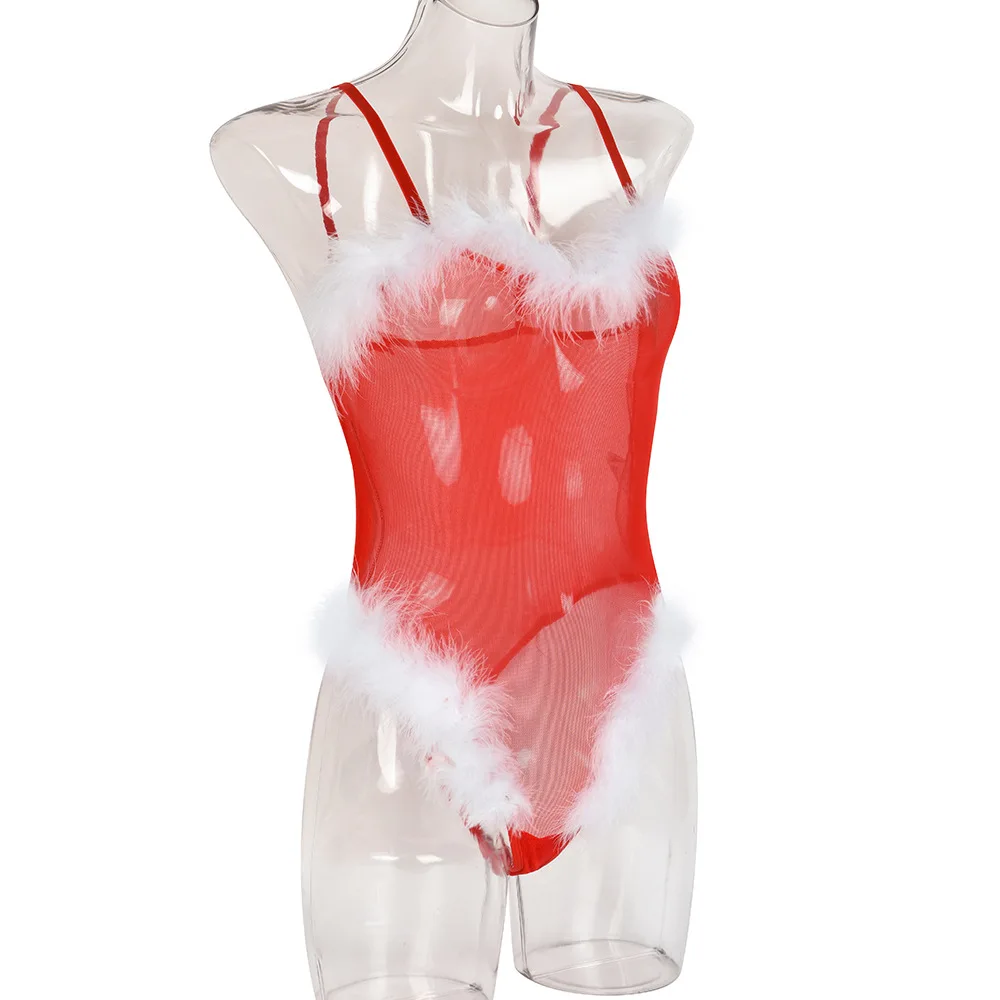 Wholesale Fur Trim Women Santa Hat Ladies Sexy Christmas Costume Red Lingerie Bodysuit