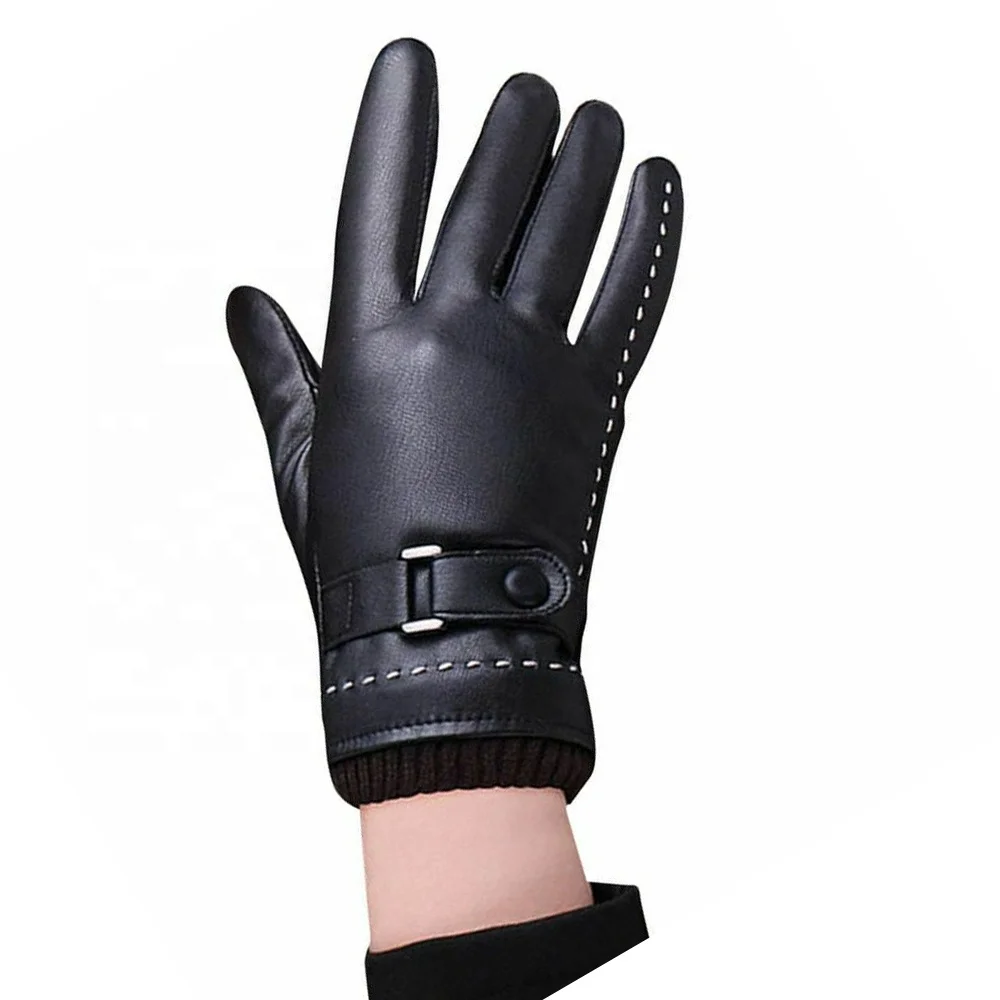 
Women Winter Gloves Warm Leather Solid Thermal Black Buckles Smart Touch Fashion 