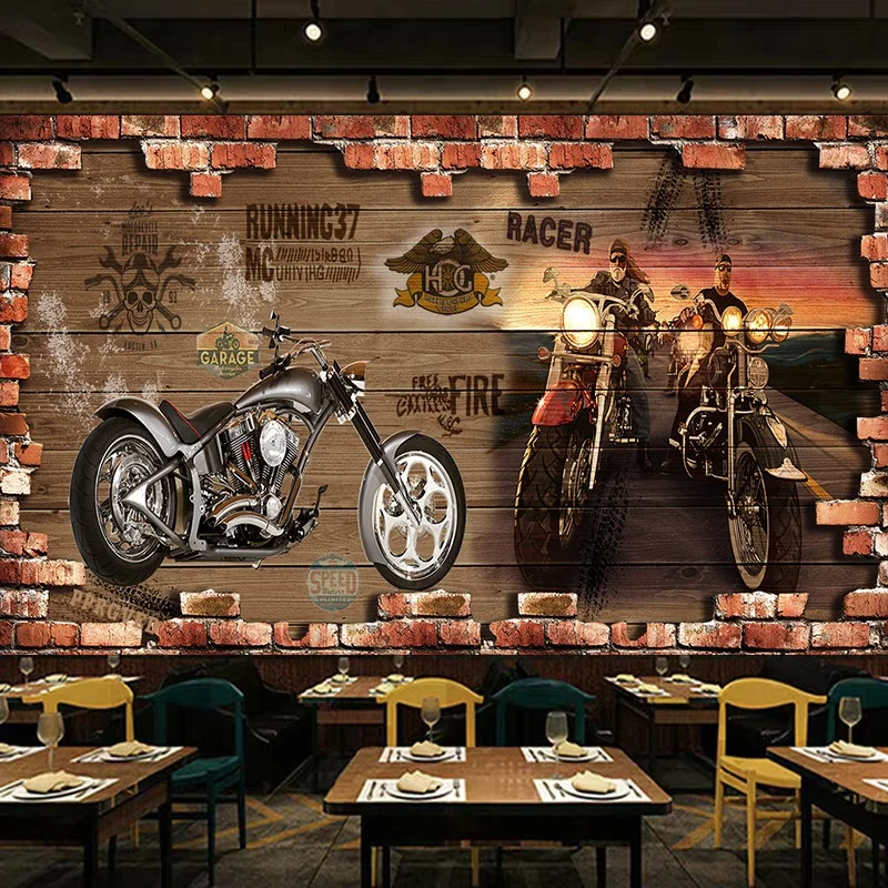 3d stereo vintage restaurant motorcycle wallpaper car racing personality wallpaper bar ktv decorative murals
