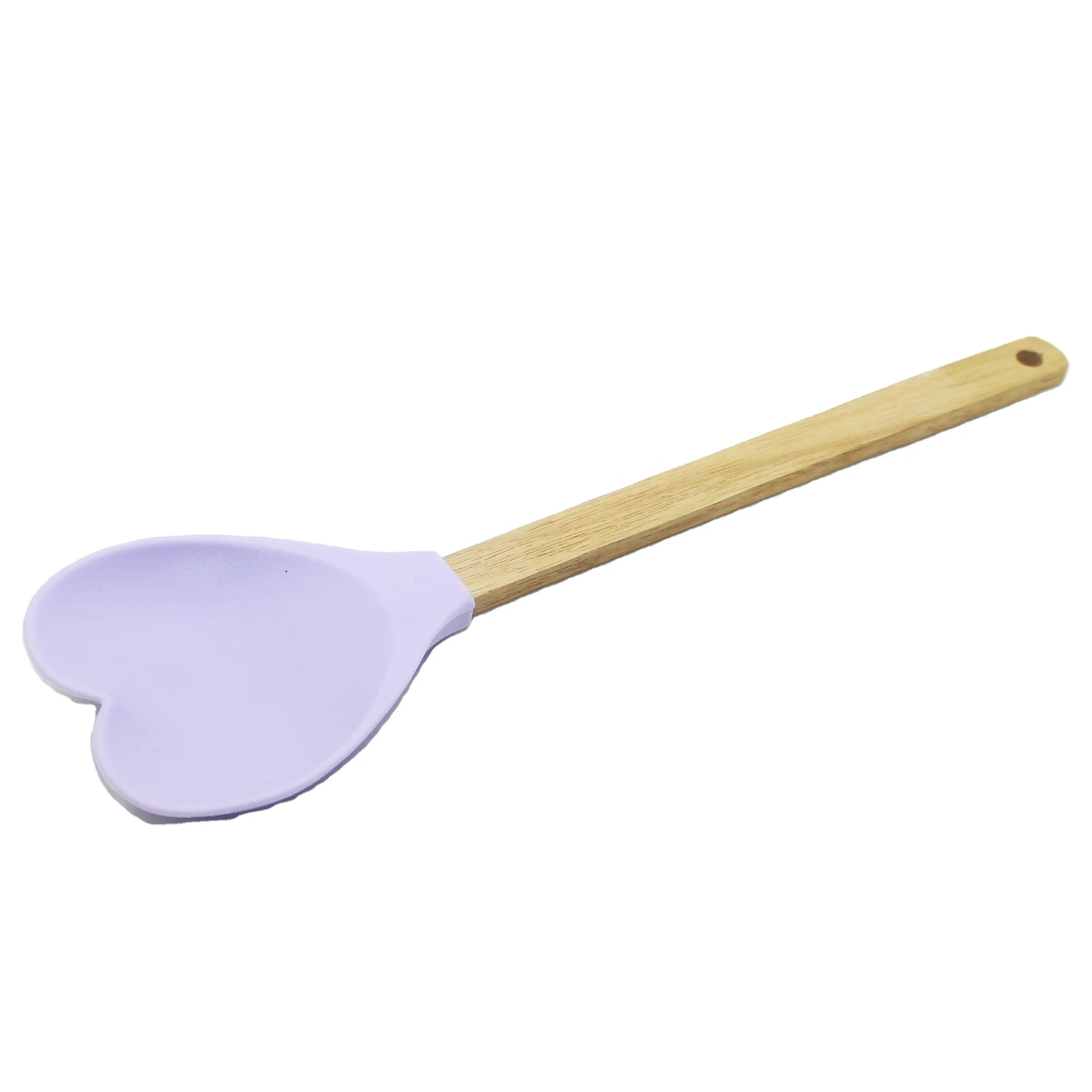 Best selling purple heart shaped non slip bamboo handle hanging kitchen silicone spoon