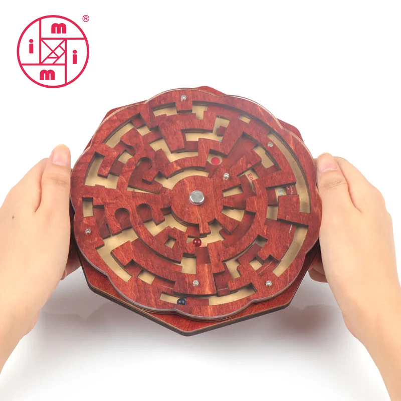 Kids Educational Montessori Brain Teaser Round Wooden Labyrinth Red Children Focus Training Spatial Logical Thinking Ball Maze